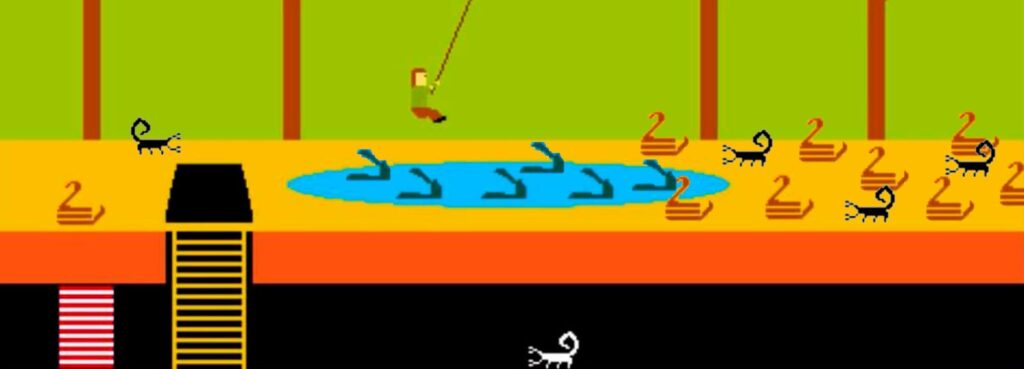 Representação de cenário modificado do jogo Pitfall com jacarés e excesso de escorpiões, metaforizando a distinção entre inimigos e obstáculos na vida.