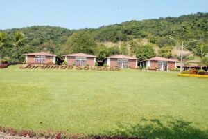 Panoramic view of the green lawn and brick chapels of the Jardim da Saudade Cemetery, under a blue sky. The sign made of shrubs reads 'Jardim da Saudade' (Garden of Saudade), the setting where I experienced grief and the final farewell to my mother.