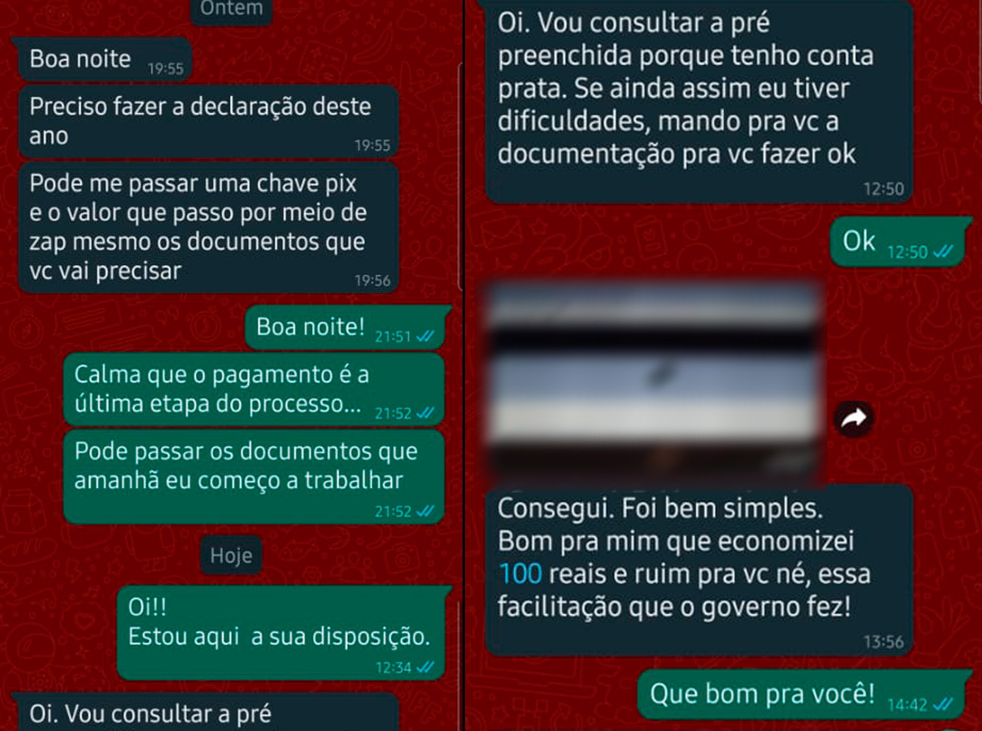 Screenshot of a WhatsApp conversation where a client dismisses the income tax consulting service after receiving guidance, ironically stating that he saved the fee thanks to the government's pre-filled tax return.