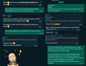 Screenshot of a WhatsApp conversation where Geovane Souza refuses payment for a simple income tax exemption analysis, demonstrating professional ethics and solidarity, even in the face of the client's insistence on paying.