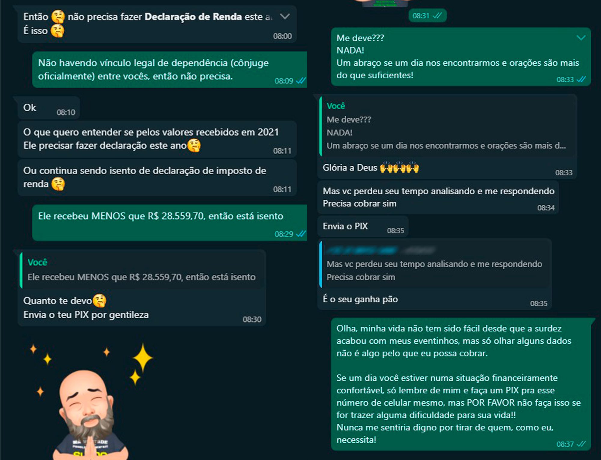 Screenshot of a WhatsApp conversation where Geovane Souza refuses payment for a simple income tax exemption analysis, demonstrating professional ethics and solidarity, even in the face of the client's insistence on paying.