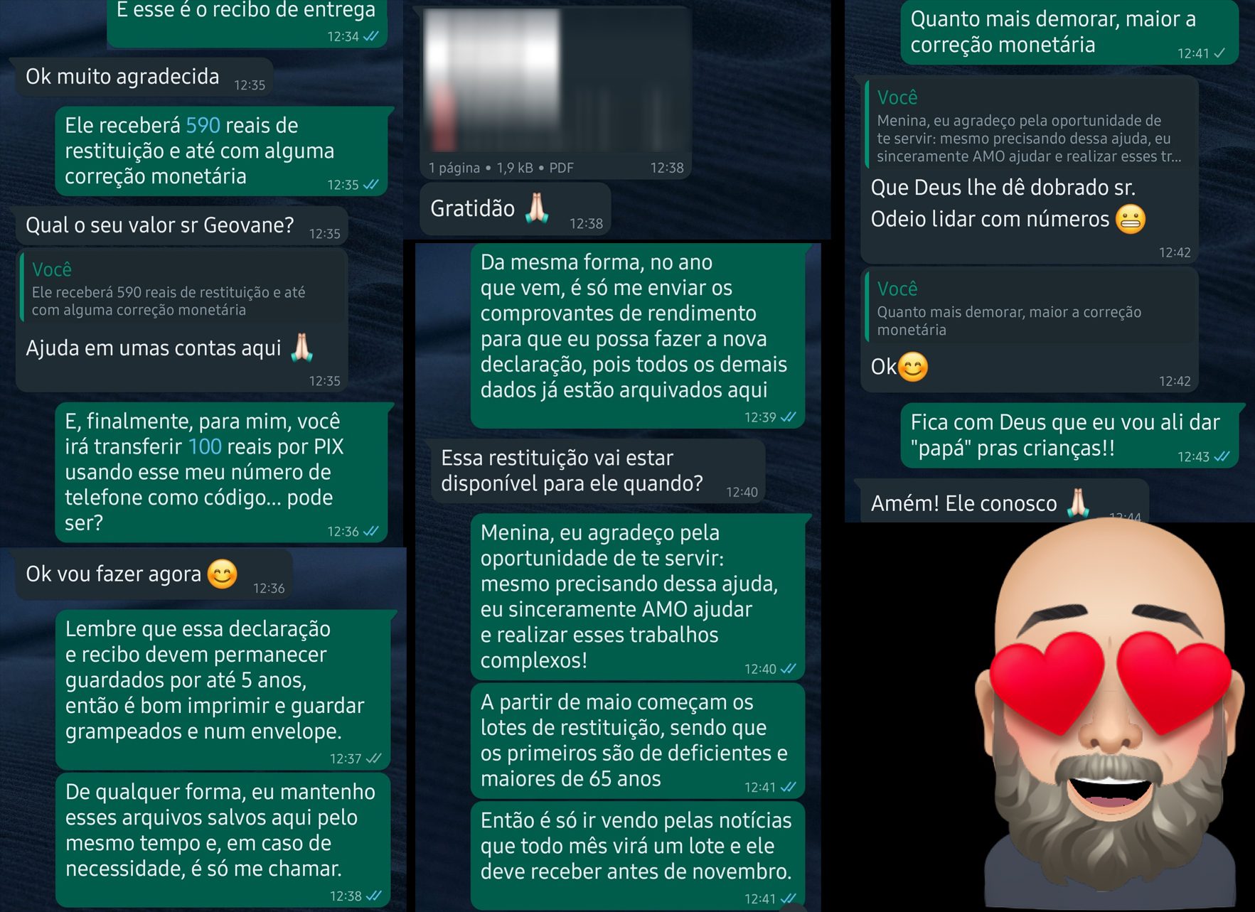 A WhatsApp conversation showing the positive outcome of an income tax return filed by Geovane Souza, where the client received a tax refund. The screenshot highlights the client's gratitude and post-service instructions on how to keep the documents.